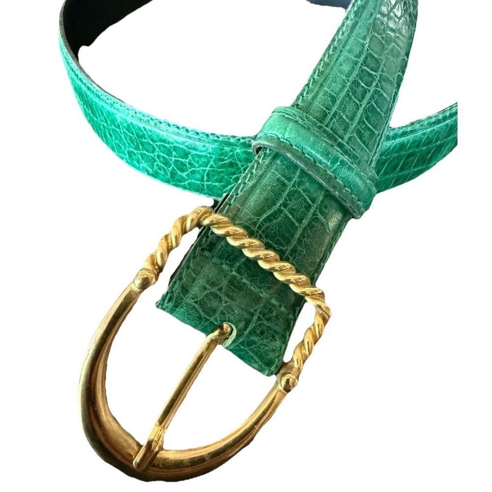Vtg Luigi Lanatta Design Green Alligator Embossed Leather Belt Italy 30 Brass 1"